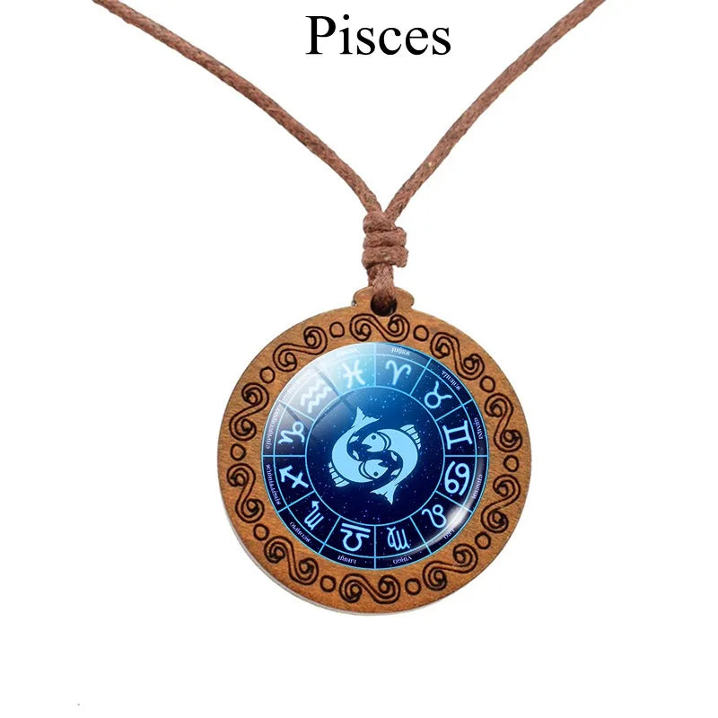 12 Zodiac Rope Chain Necklace w/ Wood Pendant