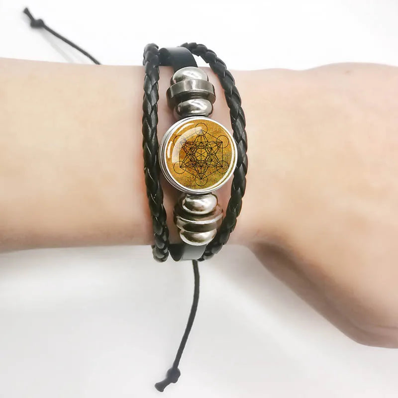 Sacred Geometry Charm Bracelet Metatron's Cube Sri Yantra Life Flower Leather Weave Bracelets for Women Men Meditation Jewelry