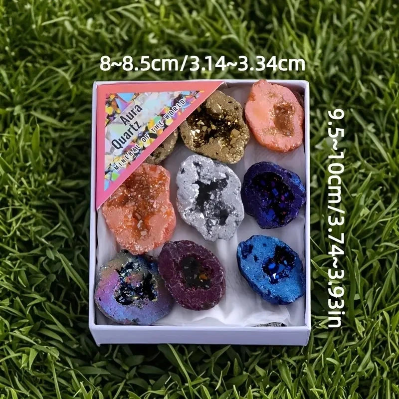 🔮 Titanium Aura Crystal Cluster Box — 9 Piece Natural Agate Geodes