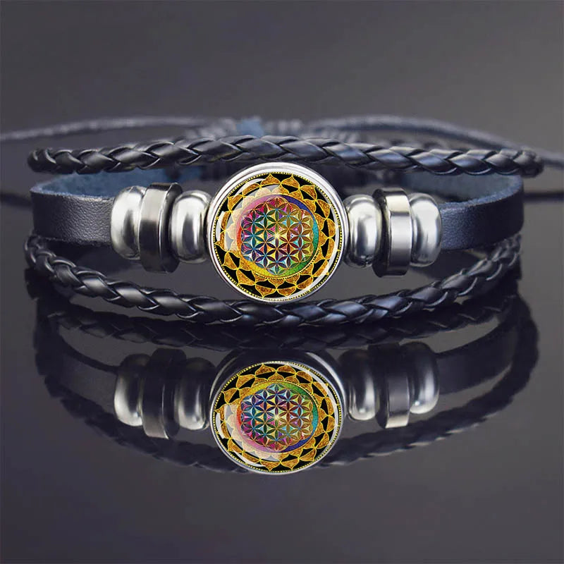Sacred Geometry Charm Bracelet Metatron's Cube Sri Yantra Life Flower Leather Weave Bracelets for Women Men Meditation Jewelry