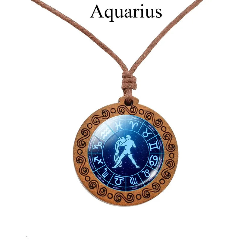 12 Zodiac Rope Chain Necklace w/ Wood Pendant