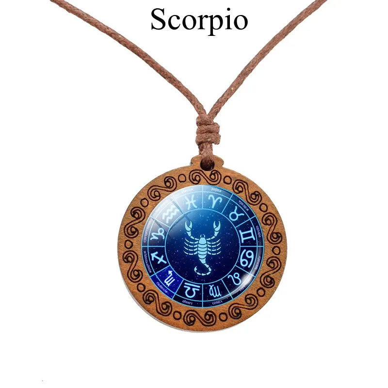 12 Zodiac Rope Chain Necklace w/ Wood Pendant