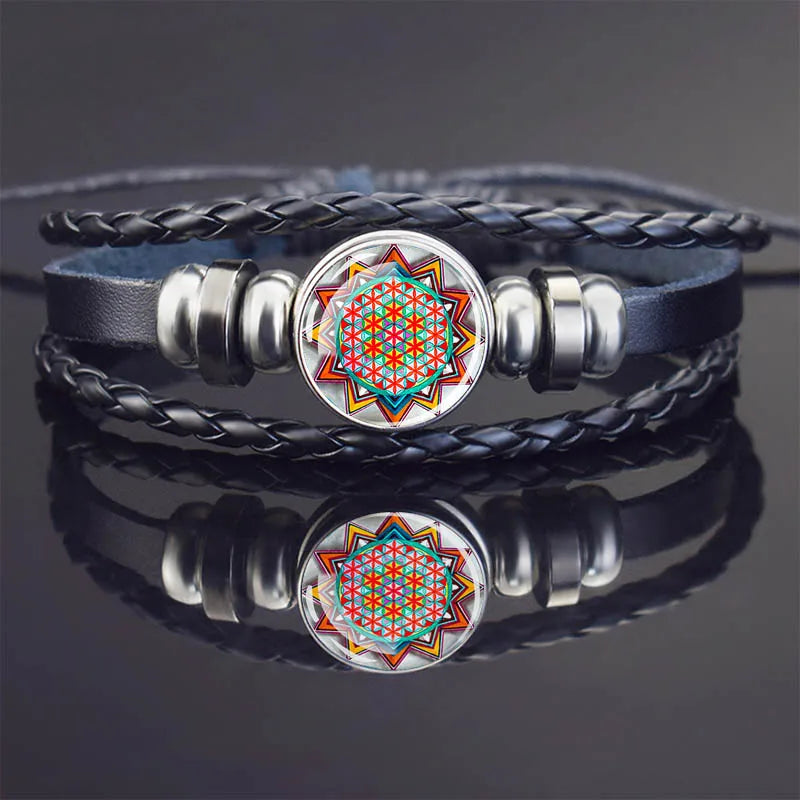 Sacred Geometry Charm Bracelet Metatron's Cube Sri Yantra Life Flower Leather Weave Bracelets for Women Men Meditation Jewelry