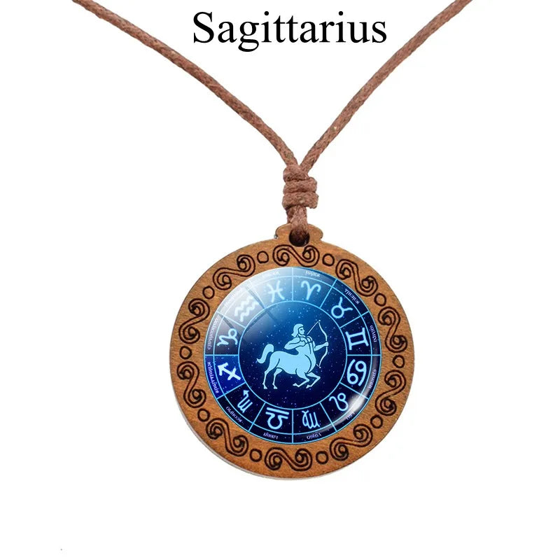 12 Zodiac Rope Chain Necklace w/ Wood Pendant