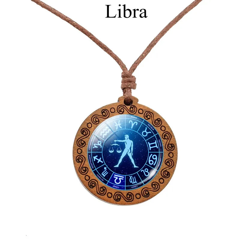 12 Zodiac Rope Chain Necklace w/ Wood Pendant