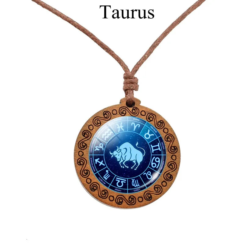 12 Zodiac Rope Chain Necklace w/ Wood Pendant