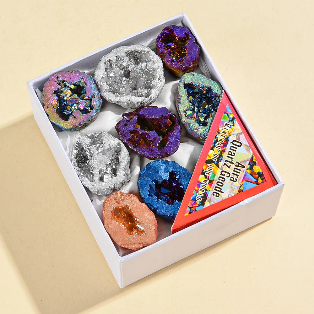 🔮 Titanium Aura Crystal Cluster Box — 9 Piece Natural Agate Geodes
