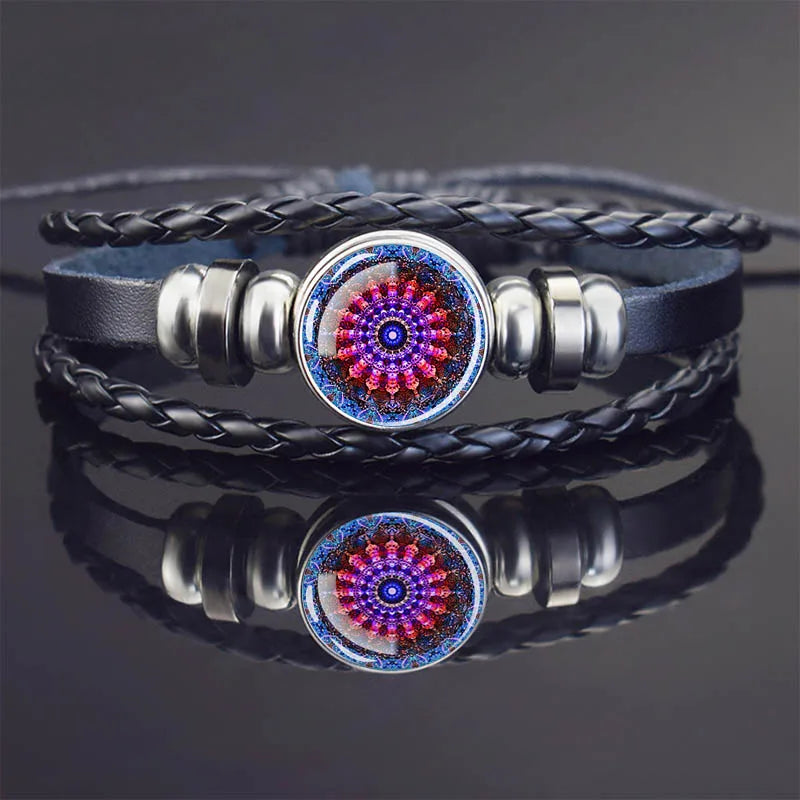 Sacred Geometry Charm Bracelet Metatron's Cube Sri Yantra Life Flower Leather Weave Bracelets for Women Men Meditation Jewelry