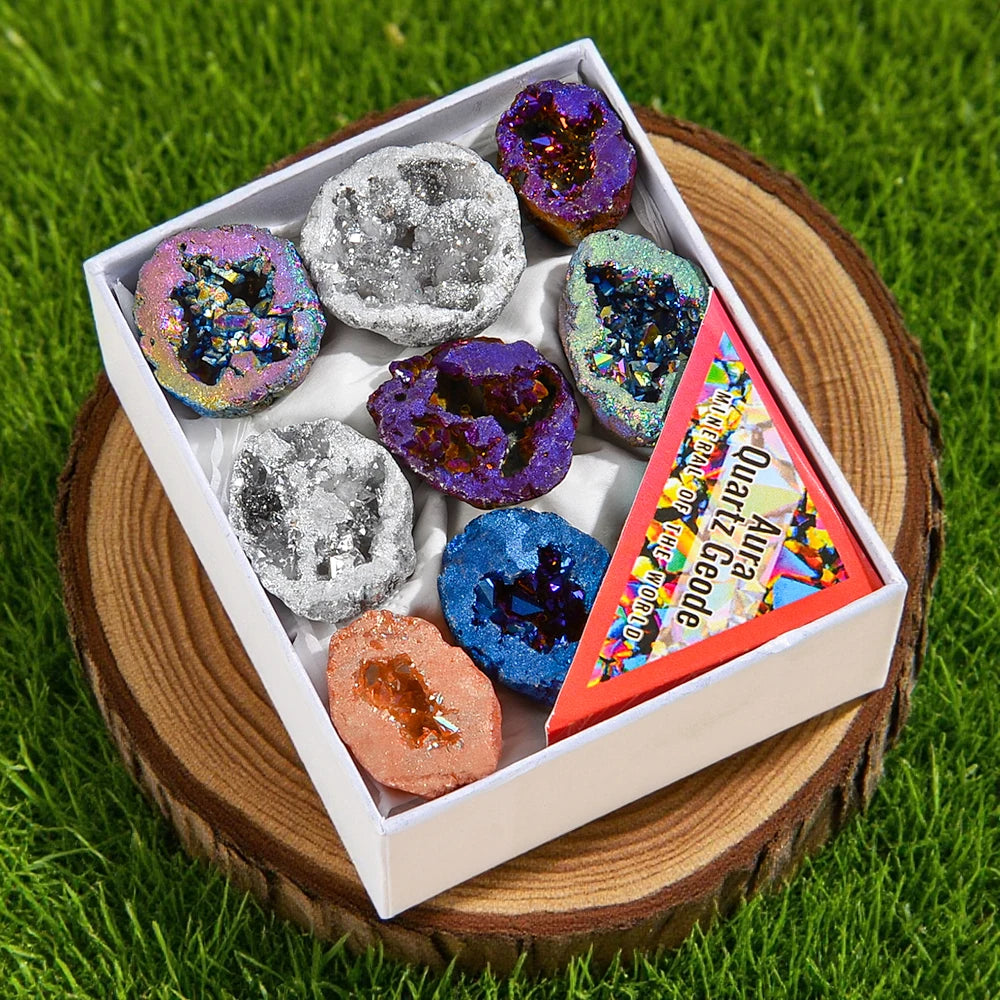 🔮 Titanium Aura Crystal Cluster Box — 9 Piece Natural Agate Geodes