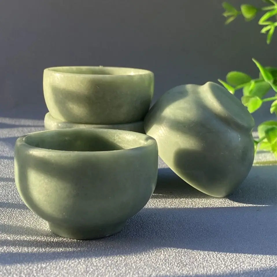 Natural Stone Greenh Yellow Jade Crystal Bowl Tableware Wine Set Minerals Spiritual Living Tea Cup Office Room Home Decoration