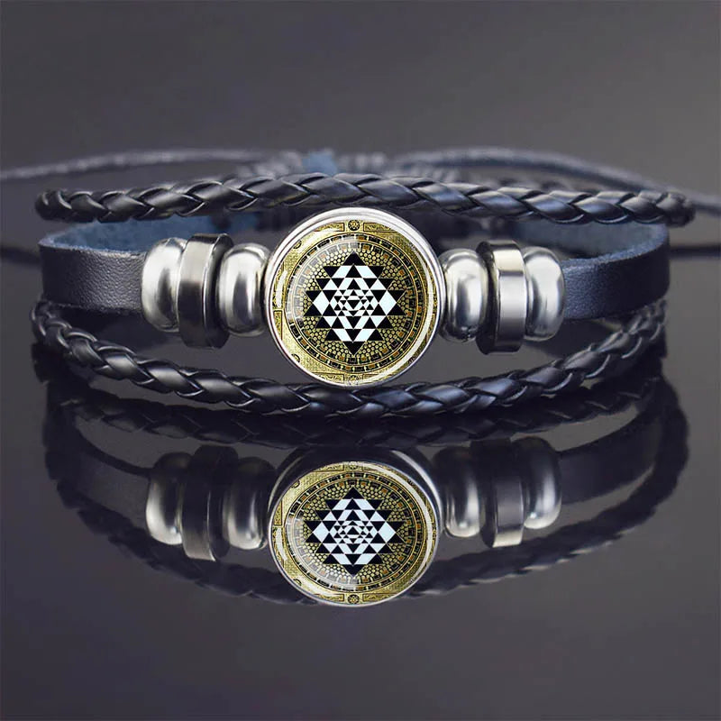 Sacred Geometry Charm Bracelet Metatron's Cube Sri Yantra Life Flower Leather Weave Bracelets for Women Men Meditation Jewelry