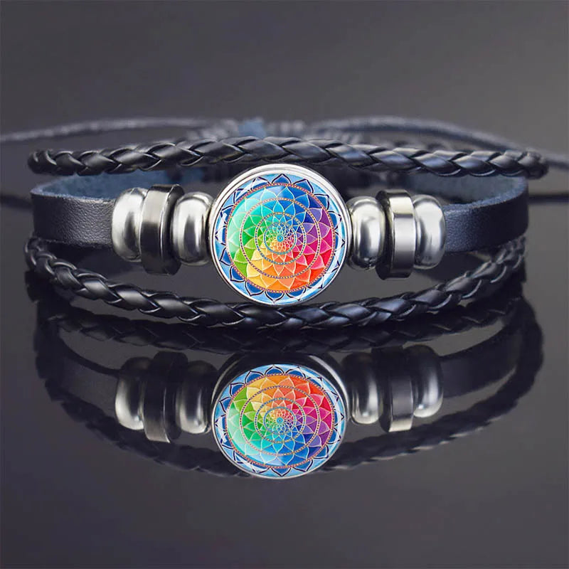 Sacred Geometry Charm Bracelet Metatron's Cube Sri Yantra Life Flower Leather Weave Bracelets for Women Men Meditation Jewelry