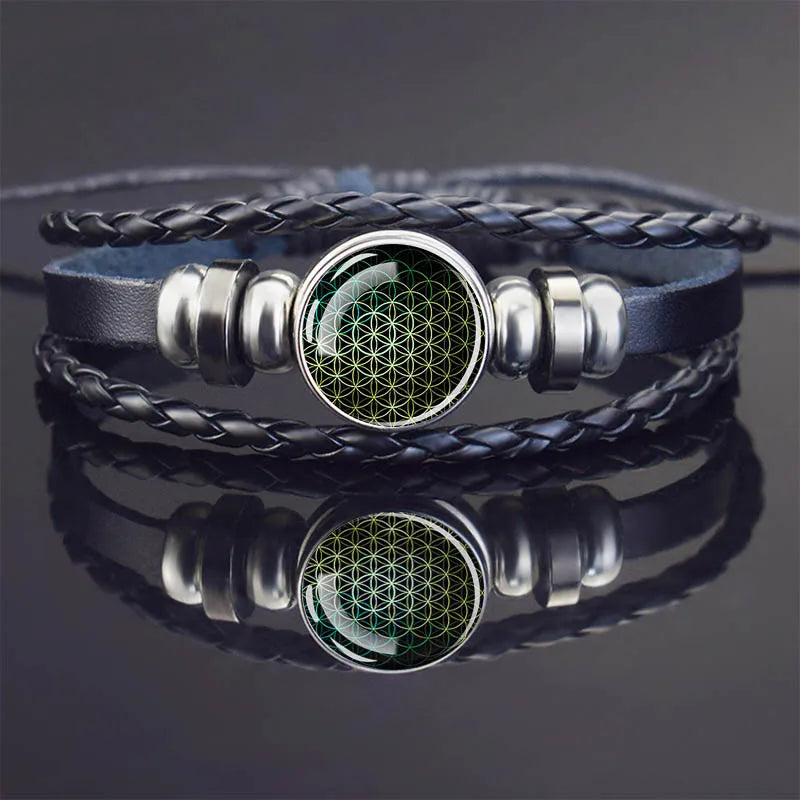 Sacred Geometry Charm Bracelet Metatron's Cube Sri Yantra Life Flower Leather Weave Bracelets for Women Men Meditation Jewelry