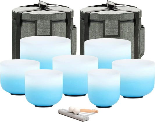 🔵 CVNC 432Hz Azure Blue Frosted Quartz Singing Bowl Chakra Set (7pcs)