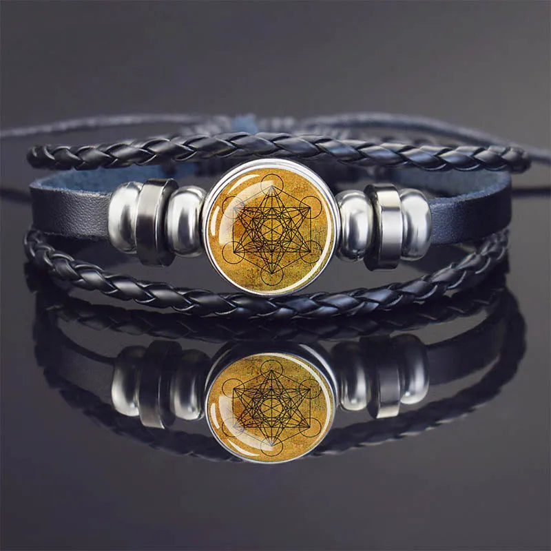 Sacred Geometry Charm Bracelet Metatron's Cube Sri Yantra Life Flower Leather Weave Bracelets for Women Men Meditation Jewelry