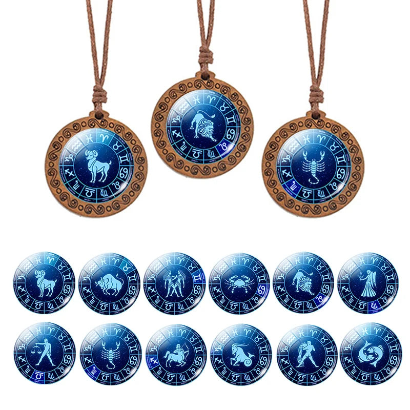 12 Zodiac Rope Chain Necklace w/ Wood Pendant