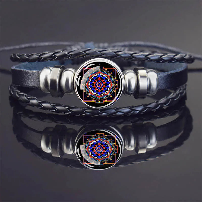 Sacred Geometry Charm Bracelet Metatron's Cube Sri Yantra Life Flower Leather Weave Bracelets for Women Men Meditation Jewelry