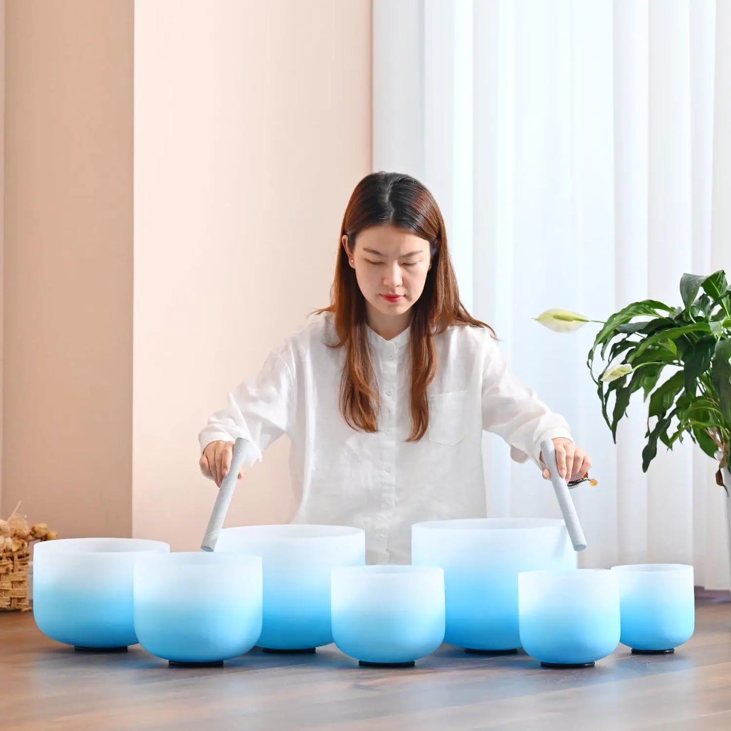 🔵 CVNC 432Hz Azure Blue Frosted Quartz Singing Bowl Chakra Set (7pcs)