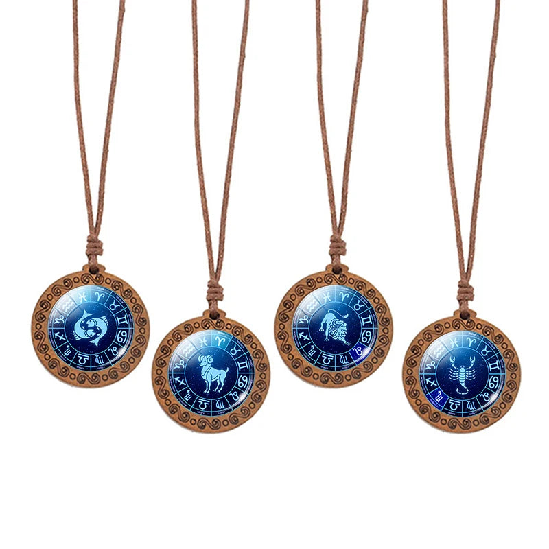 12 Zodiac Rope Chain Necklace w/ Wood Pendant