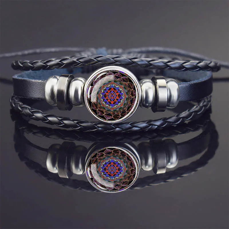 Sacred Geometry Charm Bracelet Metatron's Cube Sri Yantra Life Flower Leather Weave Bracelets for Women Men Meditation Jewelry