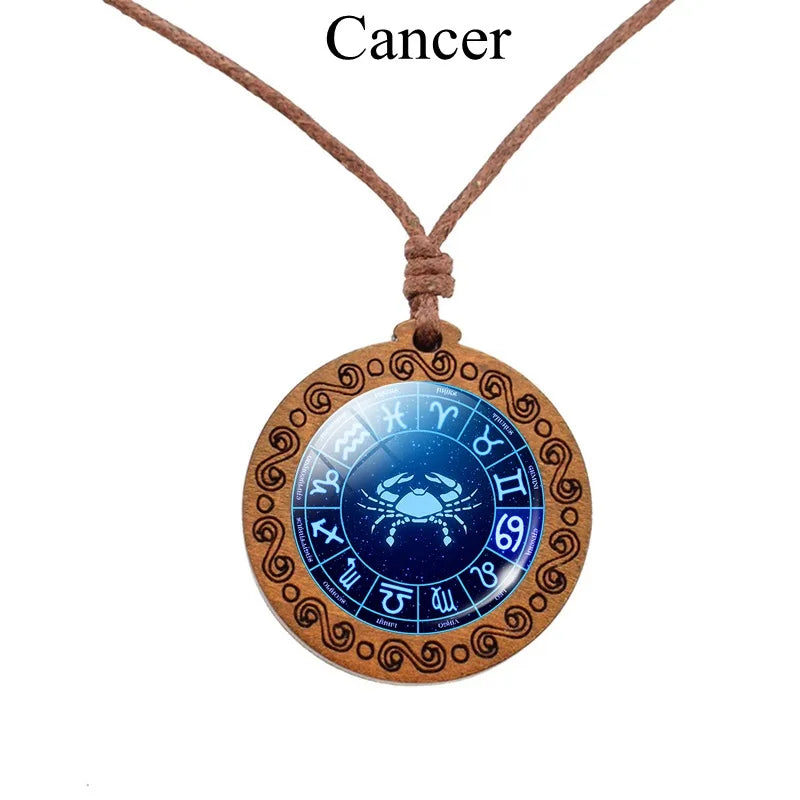 12 Zodiac Rope Chain Necklace w/ Wood Pendant