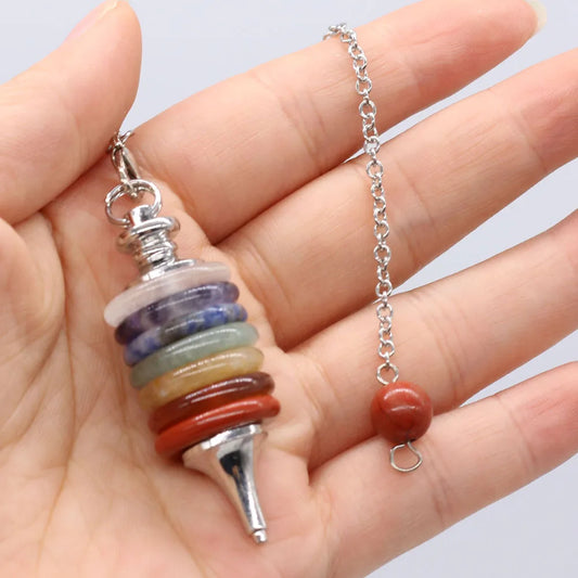 🔮 Seven Chakra Crystal Pendulum Necklace – Merkaba Dowsing & Divination Pendant