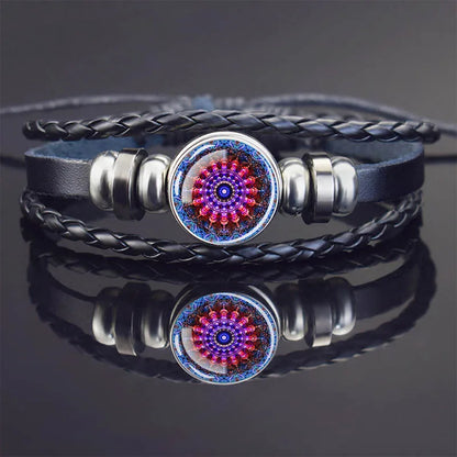Sacred Geometry Charm Bracelet Metatron's Cube Sri Yantra Life Flower Leather Weave Bracelets for Women Men Meditation Jewelry
