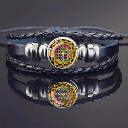 Sacred Geometry Charm Bracelet Metatron's Cube Sri Yantra Life Flower Leather Weave Bracelets for Women Men Meditation Jewelry