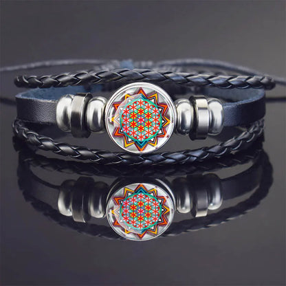 Sacred Geometry Charm Bracelet Metatron's Cube Sri Yantra Life Flower Leather Weave Bracelets for Women Men Meditation Jewelry