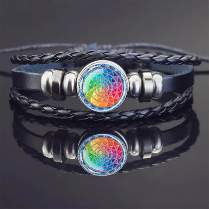 Sacred Geometry Charm Bracelet Metatron's Cube Sri Yantra Life Flower Leather Weave Bracelets for Women Men Meditation Jewelry