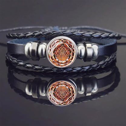 Sacred Geometry Charm Bracelet Metatron's Cube Sri Yantra Life Flower Leather Weave Bracelets for Women Men Meditation Jewelry