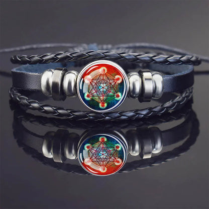 Sacred Geometry Charm Bracelet Metatron's Cube Sri Yantra Life Flower Leather Weave Bracelets for Women Men Meditation Jewelry