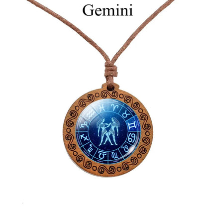 12 Zodiac Rope Chain Necklace w/ Wood Pendant