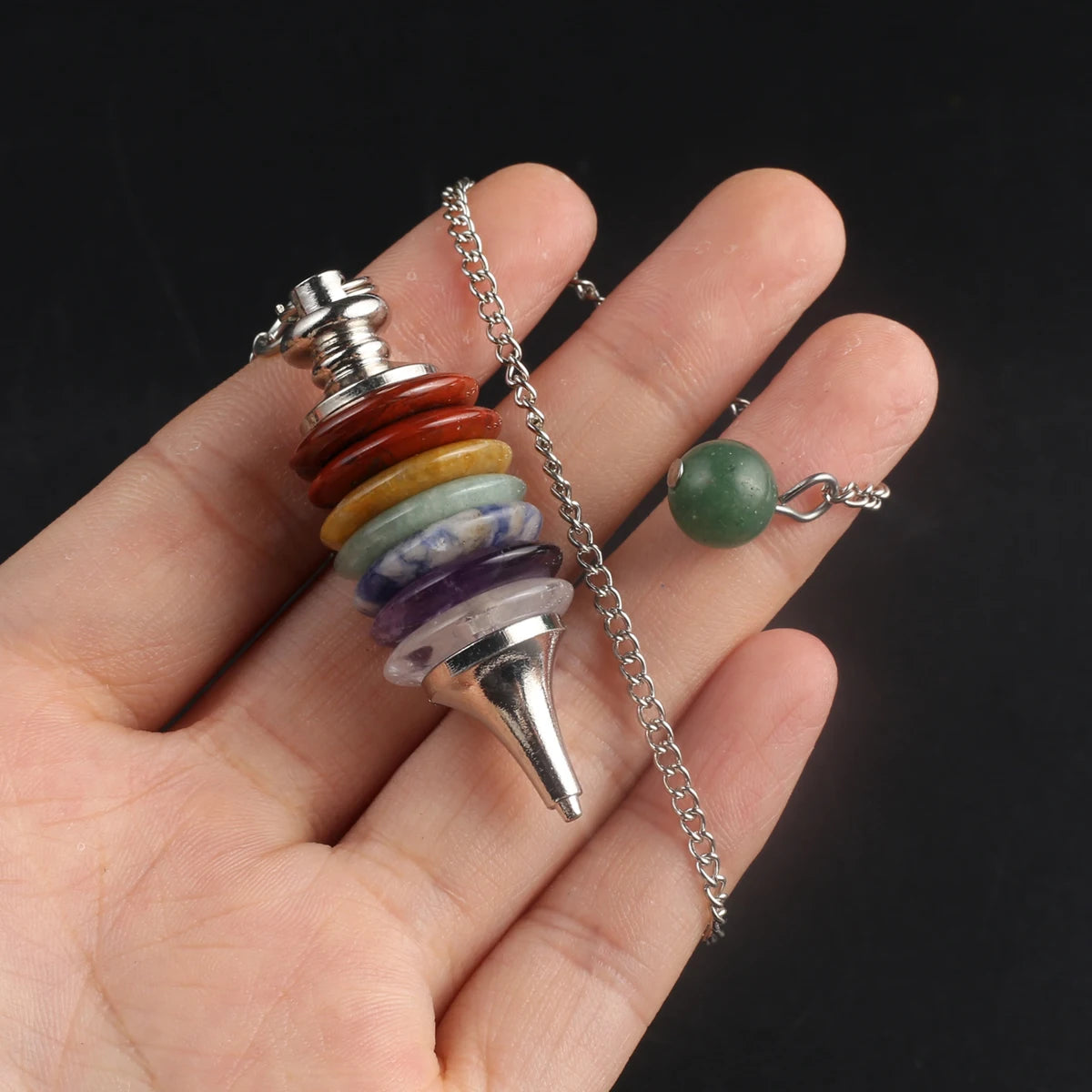 🔮 Seven Chakra Crystal Pendulum Necklace – Merkaba Dowsing & Divination Pendant