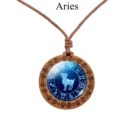 12 Zodiac Rope Chain Necklace w/ Wood Pendant