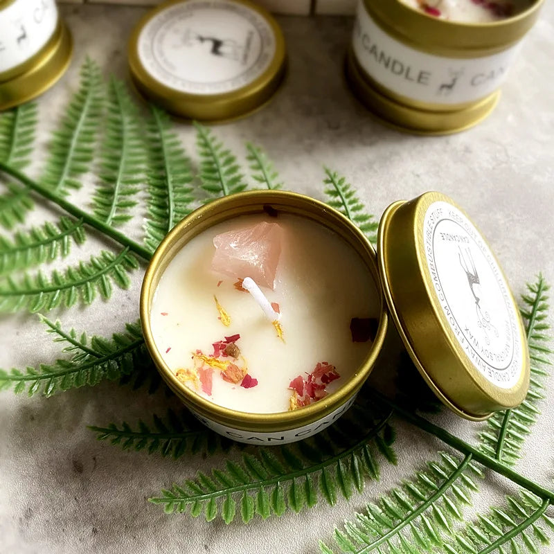✨ Golden Tin Crystal Aromatherapy Candle — 2.46oz Scented Soy Wax Candle