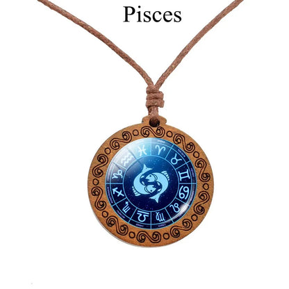 12 Zodiac Rope Chain Necklace w/ Wood Pendant