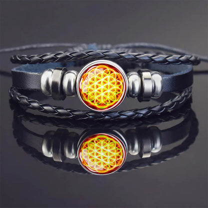Sacred Geometry Charm Bracelet Metatron's Cube Sri Yantra Life Flower Leather Weave Bracelets for Women Men Meditation Jewelry