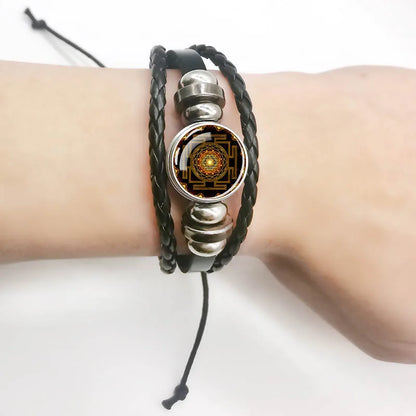 Sacred Geometry Charm Bracelet Metatron's Cube Sri Yantra Life Flower Leather Weave Bracelets for Women Men Meditation Jewelry