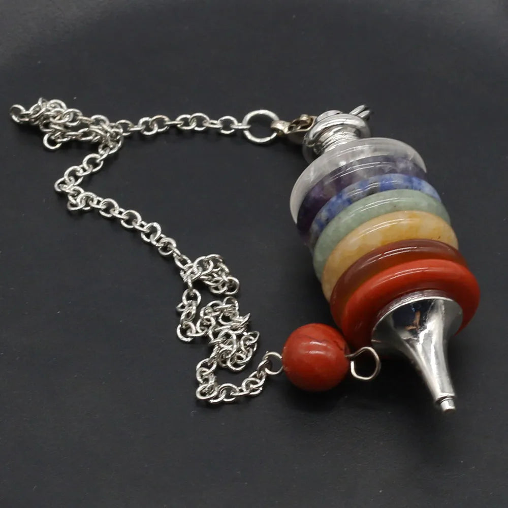 🔮 Seven Chakra Crystal Pendulum Necklace – Merkaba Dowsing & Divination Pendant