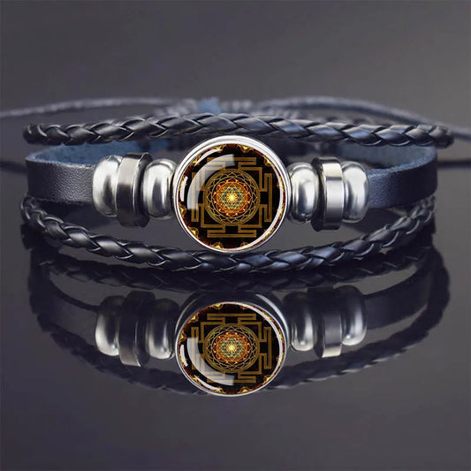 Sacred Geometry Charm Bracelet Metatron's Cube Sri Yantra Life Flower Leather Weave Bracelets for Women Men Meditation Jewelry