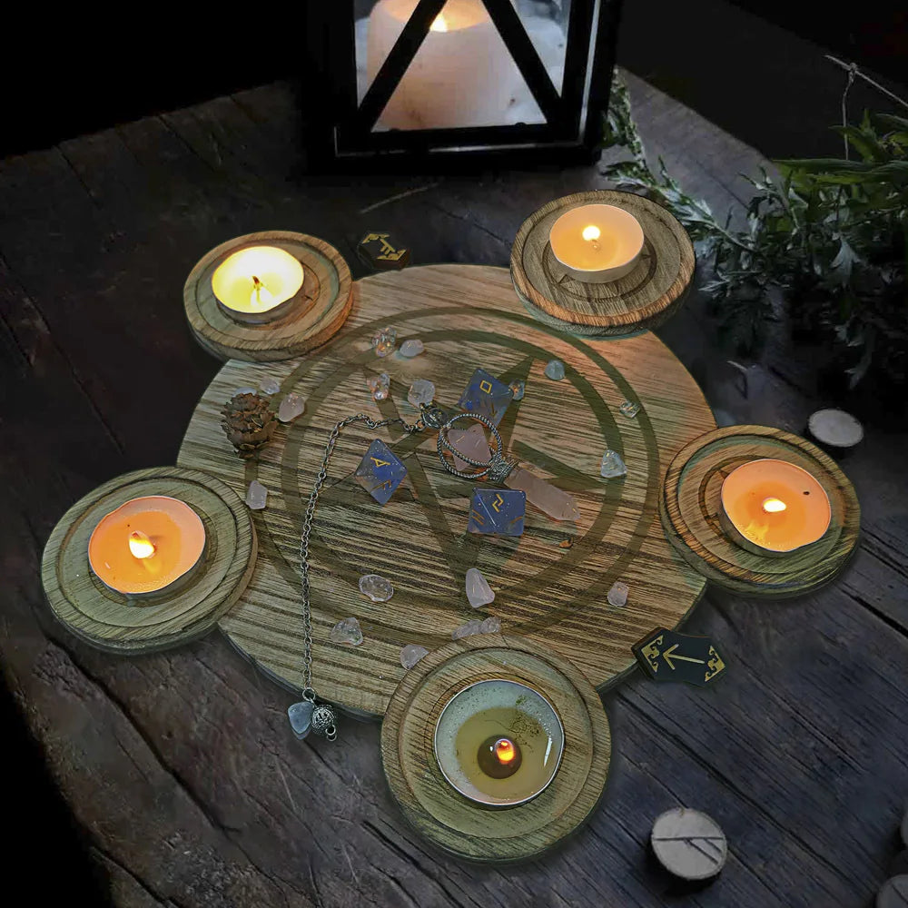 🔥 2-in-1 Pentagram Wooden Candle Holder & Altar Tray