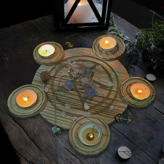 🔥 2-in-1 Pentagram Wooden Candle Holder & Altar Tray