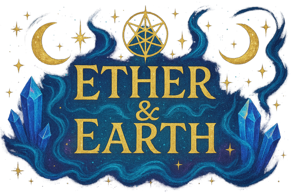 create banner logo for Ether and Earth. theme is magical, esoteric, spiritual, ethereal shimmery, colors should be bold and easy to see. 