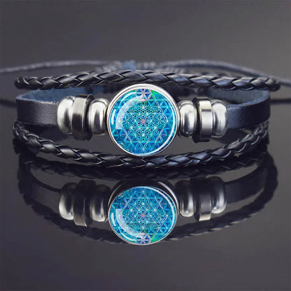 Sacred Geometry Charm Bracelet Metatron's Cube Sri Yantra Life Flower Leather Weave Bracelets for Women Men Meditation Jewelry
