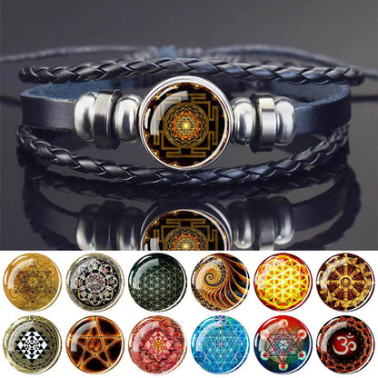 Sacred Geometry Charm Bracelet Metatron's Cube Sri Yantra Life Flower Leather Weave Bracelets for Women Men Meditation Jewelry